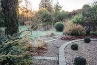 Grey sets edge gravel steps in the front garden with clipped yew spheres and shrubs in surrounding beds including box, Pseudowintera colorata 'Marjorie Congreve', bamboos and grasses. Windy Ridge, Little Wenlock, Shropshire, UK