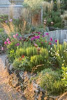 Pub garden with late mixed summer border, stone wall bed and gravel path. Jo Thompson garden Design, Ticehurst, East Sussex