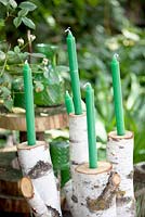 Green candles in rustic branch candle stick holders