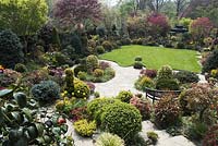 Aerial view of the garden with lawn, bench and curved stone paths surrounded by Acer palmatum 'Sango-kaku', syn. Acer palmatum 'Senkaki', Acer palmatum 'Trompenburg', topiary balls golden yew Taxus baccata 'Standishii', Abies procera 'Glauca Prostrata', Photinia fraseri 'Red Robin', Euonymus fortunei Emerald 'n' Gold, Carex oshimensis 'Evergold', Ilex x altaclerensis 'Golden King' and tulips.

