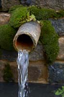 Turismo de Galicia: The Pazo's Secret Garden. Old stone pipe water feature, emerging from moss covered wall.  Designer: Rosie McMonigall. Sponsor: Turismo de Galicia, North Spain.