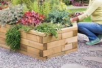 Woman tending to Summer planted wooden raised bed