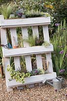 White pallet planter with garden tools and a mix of flowers, grasses and herbs