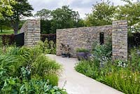 White Campanula in borders - The Wedgwood Garden: A Classic Re-imagined - RHS Chatsworth Flower Show 2017 - Designer: Sam Ovens - Built by Swatton Landscape, James Bird Landscapes - Gold