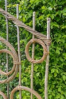 Woven wicker fence with flowering Trachelospermum jasminoides - star jasmine. Belmond Enchanted Gardens - RHS Chatsworth Flower Show 2017 - Designer: Butter Wakefield - Gold - People's Choice