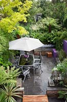 Small modern urban garden full of exotics with decking walkway over slate paving. Robinia pseudoacacia 'Frisia', metal table and chairs with a border of Ferns, Matteuccia struthiopteris, Equisetum japonicumon - Horsetail -  in raised pond.