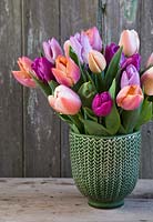 Floral arrangement in contemporary container with Tulipa 'Ollioles', Tulipa 'Salmon Prince', Tulipa 'Purple Prince' and Tulipa 'Candy Prince'