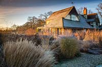The Courtyard Garden in Winter at Bury Court Gardens, Hampshire, UK. Designed by Piet Oudolf and John Coke.