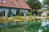 The swimming pond with a shallow water zone adjoins the main house. To the right, a shower cabin, Prunus lusitanica, Hydrangea petiolaris and Pinus sylvestris
