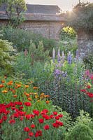 Display of mixed colourful decorative containers in spring including  Papaver, Calendula, and Lupinus alongside archway in wall. Great Dixter, Sussex