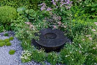 Round water feature made of black basalt concrete amongst planting of Rosa glauca, Rosa sericea subsp. omeiensis f. pteracantha, Scleranthus biflorus, Chaerophyllum hirsutum 'Roseum' and Thalictrum incrushed concrete gravel - The Linklaters Garden for Maggie's - RHS Chelsea Flower Show 2017 - Designer: Darren Hawkes -Gold