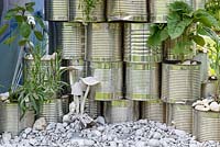 Tin cans as planters with Sunflowers and lavender - School Gardens - RHS Malvern Spring Festival 2017
