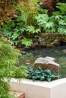 Detail of Japanese style garden with sunken circular area with bamboo, Phyllostachys aurea, Acer palmatum and Gunnera manicata - 'At One With .... A Meditation Garden' - Howle Hill Nursery, RHS Malvern Spring Festival 2017