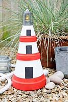 Making a Garden Lighthouse Lantern with Terracotta Pots - add a small lantern or jam jar on to the top with a tealight