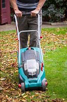Gathering up autumn leaves using a rechargeable electric mower