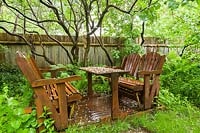 Rain soaked cedar wood 4 seater swing covered with fallen flowers from Syringa vulgaris 'Alba' - White Lilac tree in backyard garden in spring, Quebec, Canada.