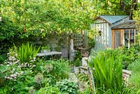 Small town garden in spring with ornamental garden shed and leanto greenhouse. Raised beds made from reclaimed bricks and stone. May