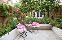 Courtyard garden with raised beds and slatted trellis with climbers, June.