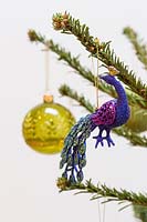 Close up detail of Peacock colour themed christmas tree