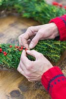 Close up detail of attaching red berries - Ilex verticillata, to festive wreath