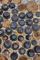 Glass bottles and timber rounds used as paving materials