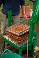 Rack & Cloth Screw Press in use at Community apple juicing day in Sampford Peverell, Devon, late October
