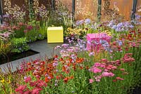 The Colour Box garden at the RHS Hampton Court Flower Show 2017. Designers: Charlie Bloom and Simon Webster. Sponsors: Stark and Greensmith, London Ston