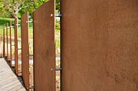 Rusted 'Corten steel' screens & wooden deck at the new John Hope Gateway visitor centre at RBG Edinburgh, Scotland