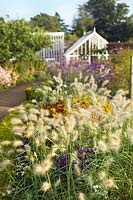 Cambo Walled Garden, Fife, Scotland, UK, border, box hedge, glasshouse, pathway, flower, autumn, perennials