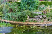 Special Plants ( Derry Watkin's garden ), Bath, UK. Late summer, pond with rustic wooden bench