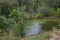 Special Plants ( Derry Watkin's garden ), Bath, UK. Late summer,  informal pond with focal point urn