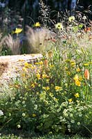 Hampton Court Flower Show 2014, the Jordans Garden, des. Selina Botham. straw bench amongst naturalistic grasses and perennials