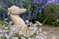 Dog statue with Astrantia and Viola
