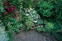 Private garden Brighton Small town garden patio with brick floor Overview of narrow bed and area for potted plants