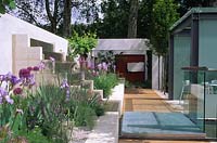 Chelsea Flower Show 1997 design Christopher Bradley Hole contemporary garden with wooden and glass path raised beds with Irises