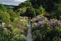 Crathes Castle Scotland double herbaceous borders with stone path in summer Campanulas