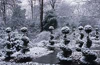 Thursley Lodge Surrey Design Fiona Lawrenson garden in winter snow yew spiral topiary