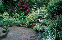 Brighton Small town garden patio with brick floor Overview of narrow bed and area for potted plants