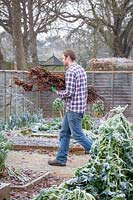 Man cutting down and clearing up debris from the vegetable plot. 