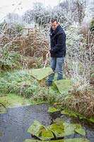 Taking advantage of the ice by removing chunks of frozen algae from a frozen pond