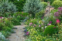 South Garden, Morton Hall Gardens borders with Nicotiana 'Lime Green', Cosmos 'Sonata White', Carmine, Echium vulgare 'White Bedder', 'Blue Bedder', Zinnia 'Purple Prince'
