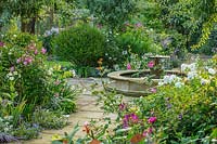 Circular fountain with 'Rose' - Rosa 'Old Blush China' - South Garden, Morton Hall Gardens 