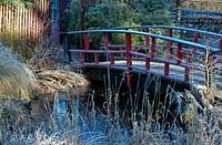 Japanese Garden with red bridge and ornamental grasses, Trentham Gardens Staffordshire 