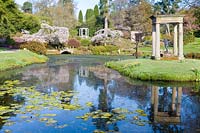 View of lake in The formal Temple Garden at Cholmondeley Castle, Cheshire, UK. 