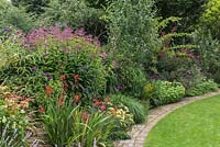 Packed mixed border with herbaceous plants: Eupatorium, Crocosmia and Sedum with background of shrubs. Curved path acts an edging between border and lawn
