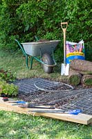 Materials and tools required to construct a gabion bench