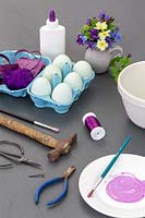 Materials and tools for  decorating real eggs with flowers
