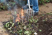 Tending a small bonfire with a garden fork 