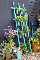 Trellis tin can planter with herbs and bright labels