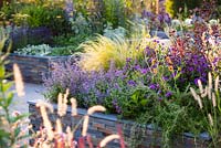 Raised beds made of lucent copper slate with summer flowering perennials. The RNIB Community Garden. Designers: Steve Dimmock, Paula Holland, RHS Hampton Court Palace Flower Show, 2018.